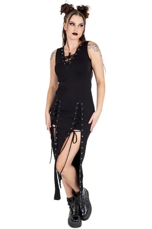 Vixxsin Maxikleid Kienna Gothic Goth Nieten Schnürung Geschlitzt - Verkäufer: Schompi Trading e.K.