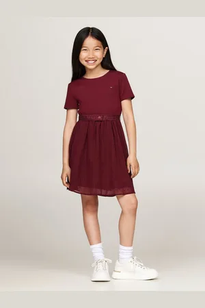 Tommy Hilfiger A-Linien-Kleid HILFIGER PUNTO TULLE DRESS LS mit Logo auf Taillenbund