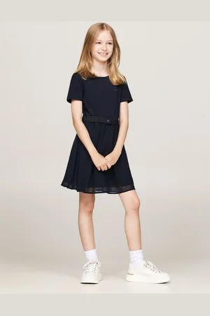 Tommy Hilfiger A-Linien-Kleid HILFIGER PUNTO TULLE DRESS LS mit Logo auf Taillenbund