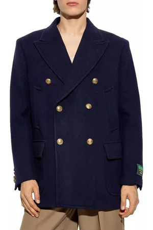 Gucci Kurzmantel Filzwolle Peacoat Navy 46/S Goldfarbenen Knöpfen, Edle Spitzrevers - Verkäufer: eldigo