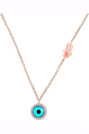 Karisma Kette mit Anhänger Damen Silber 925 Anhänger Fatima Hand und Nazar Auge, Collier Kette Verlängerung 5cm - Roségold Weiße Steine - Verkäufer: Schmuck