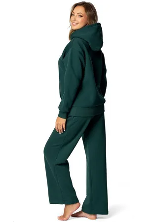 DKaren Freizeitanzug Damen Hausanzug Jogginganzug Baumwolle B9 Oversize (Set, 2-tlg., Kapuzenpullover + lange Hose), Großer Kapuzenpullover & breite Hose - Verkäufer: Makoma