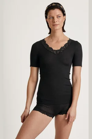 Calida Tanktop Silky Wool Joy mit Spitzendetails am V-Ausschnitt