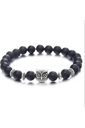 Karma Perlenarmband Eule Braun, Weiß od. Natursteine modern Edelsteinarmband (Armschmuck Perlen Metall, Damenarmband Herrenarmband Geschenk für Sie Ihn), White Turquoise, Tigerauge oder Frosted Stone Edelstein - Verkäufer: Sanixa