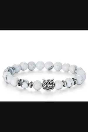 Karma Perlenarmband Eule Braun, od. Schwarz Natursteine modern Edelsteinarmband (Armschmuck Perlen Metall, Damenarmband Herrenarmband Geschenk für Sie Ihn), White Turquoise, Tigerauge oder Frosted Stone Edelstein - Verkäufer: Sanixa