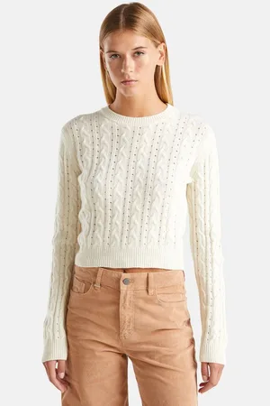 Benetton Rundhalspullover Cropped-Form, mit Zopf-und Lochmuster