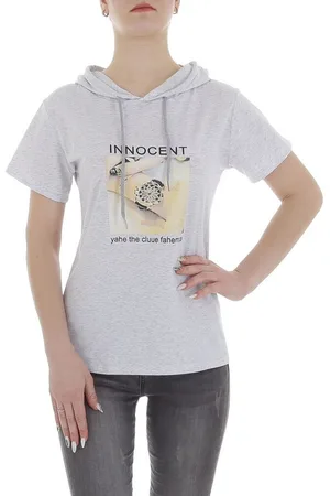 Ital-Design T-Shirt Damen Freizeit (85941292) Kapuze Print Stretch T-Shirt in Hellgrau - Verkäufer: