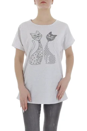 Ital-Design T-Shirt Damen Freizeit (85941278) Glitzer Print Stretch T-Shirt in Hellgrau - Verkäufer:
