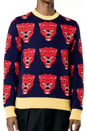 Gucci Strickpullover Angry Cat Tiger Pullover Allover-Jacquard-Strickmuster mit kontrastierenden Bündchen - Verkäufer: eldigo