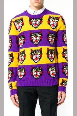 Gucci Strickpullover Angry Cat Tiger Pullover Allover-Jacquard-Strickmuster mit kontrastierenden Bündchen - Verkäufer: eldigo