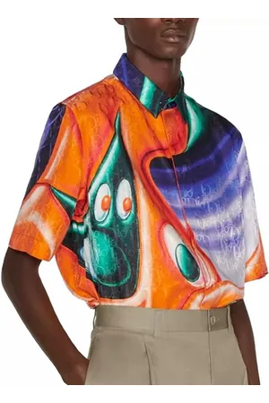 Dior Kurzarmhemd Homme Kenny Scharf Seiden Hemd mit Oblique-Muster Perlmuttknöpfe mit -Signatur - Verkäufer: eldigo