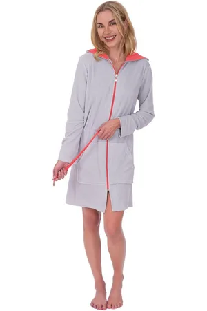 WeWo fashion Damenbademantel 037, Kurzform, Leichtfrottier, Kapuze, Reißverschluss, zweifarbig