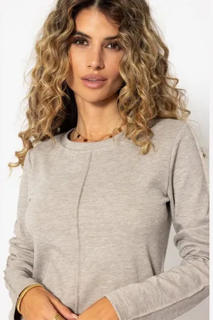 SASSYCLASSY Langarmshirt Langarmshirt Damen mit Ziernaht Shirt Langarm aus weichem Jersey in Viskose-Mix Dunkelgrau Beige - Verkäufer: