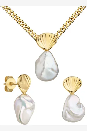 JEVELION Schmuckset Keshi Perle mit Goldmuschel Anhänger 2x Ohrstecker 750 Gold perle weiß (Goldanhänger + Gold-Ohrschmuck, für Damen und Mädchen), Mit Kette vergoldet- Länge wählbar 36 - 70 cm oder ohne Kette. - Verkäufer: