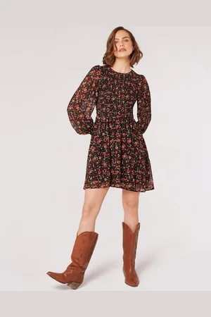Apricot Smokkleid geblümtes Minikleid, (1-tlg) mit Ballonärmeln - Verkäufer: