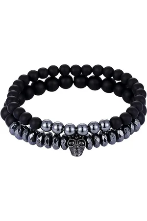 Karma Armband Set Schwarz Glas Metall Herren Perlenarmband modern Herrenarmband (Geschenk für Ihn, 2-tlg., Schmuckset Totenkopf), Dehnbar Herrenschmuckset Skull - Verkäufer: Sanixa