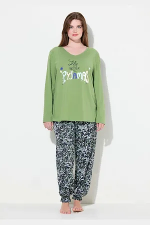 Ulla Popken Pyjama Pyjama Schriftmotiv Blüten V-Ausschnitt Langarm - Verkäufer: Popken Fashion Group