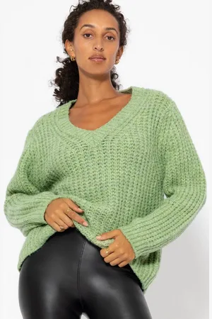 SASSYCLASSY Strickpullover Oversize Grobstrickpullover Damen mit V-Ausschnitt Lässiger Pullover aus weichem Strick mit Struktur Elegant Rosa Grün - Verkäufer: