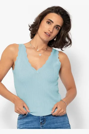 SASSYCLASSY Stricktop Figurbetontes Strick-Top Damen mit V-Ausschnitt Top in Rippstruktur mit Bogendetails Schwarz Beige Weiß - Verkäufer: