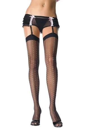 Leg Avenue Socken Schwarze Strapsstrümpfe mit gestrichelten Linien Overknee-Strümpfe mit farbigen Nadelstreifen - Verkäufer: MASKWORLD