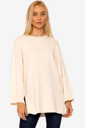 SASSYCLASSY Strickpullover Oversize Pullover Damen aus weichem Feinstrick Lässiger Strickpullover lang mit Rundhals und Seitenschlitzen - Verkäufer: