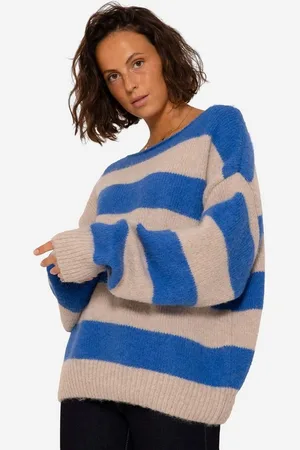 SASSYCLASSY Strickpullover Oversize Pullover Damen in Blockstreifen elegant Strickpullover gestreift mit U-Boot Ausschnitt Schwarz Beige Grau Blau - Verkäufer: