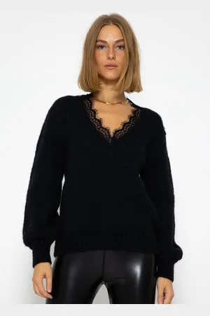 SASSYCLASSY Strickpullover Damen Pullover Elegant mit Spitzen-V-Ausschnitt Lässiger Strickpullover mit Spitzendetail am Kragen Beige Schwarz Weiß - Verkäufer: