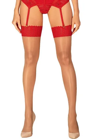 Obsessive Strapsstrümpfe Ingridia transparente Straps-Strümpfe mit Spitzen-Bund - beige, rot (1-Paar) transparenter und elastischer Stoff - Verkäufer: Sandritas