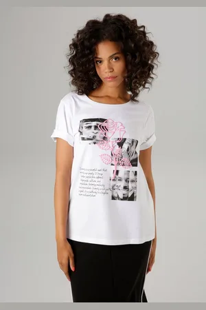 Aniston T-Shirt mit Rose verzierter Diversity-Frontprint - NEUE KOLLEKTION