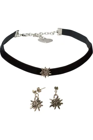 Alpenflüstern Ketten-Set Trachtenschmuck-Set Trachten-Samt-Kropfband und Ohrstecker Strass-Edelweiß mini (schwarz), - Damen-Schmuck, Trachtenset Trachtenkette und Trachten-Ohrringe - Verkäufer: