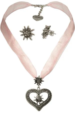 Alpenflüstern Ketten-Set Trachtenschmuck-Set Organzakette Strassedelweissherz und Ohrstecker Strassedelweiss (rosa-ros), - Damen-Trachten-Schmuck, Trachtenset Kette und Trachten-Ohrringe - Verkäufer: