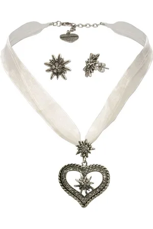 Alpenflüstern Ketten-Set Trachtenschmuck-Set Organzakette Strassedelweissherz und Ohrstecker Strassedelweiss (weiß), - Damen-Trachten-Schmuck, Trachtenset Kette und Trachten-Ohrringe - Verkäufer: