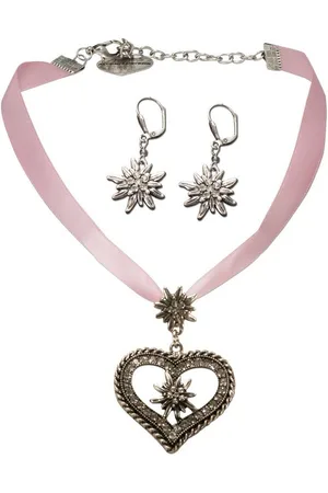 Alpenflüstern Ketten-Set Trachtenschmuck-Set Satin-Trachtenkette Strassedelweissherz und Trachten-Ohrhänger Strass-Edelweiss (rosa-ros), - Damen-Trachten-Schmuck,Trachtenset Kette und Trachten-Ohrringe - Verkäufer:
