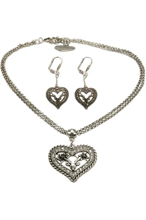 Alpenflüstern Ketten-Set Trachtenschmuck-Set Trachten-Halskette und Ohrstecker Strassherz Hirsch (antik-silber-farben), - Damen-Trachten-Schmuck, Trachtenset Trachtenkette und Trachten-Ohrringe - Verkäufer: