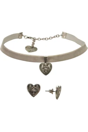 Alpenflüstern Ketten-Set Trachtenschmuck-Set Trachten-Samt-Kropfband und Ohrstecker Trachtenherz (grau), - Damen-Trachten-Schmuck, Trachtenset Trachtenkette und Trachten-Ohrringe - Verkäufer: