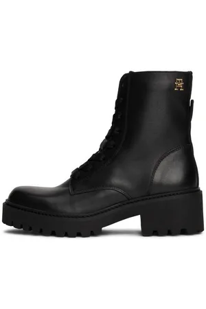 Tommy Hilfiger CHIC MID HEEL LEATHER LACE-UP Schnürstiefelette, Blockabsatz, Plateau, Schnürboots, Chunkyboots mit TH-Logo