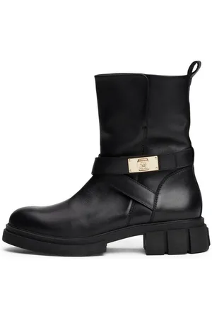 Tommy Hilfiger BIKER LEATHER Bikerboots, Blockabsatz, Stiefelette, Boots mit goldfarbenem Schmuckelement