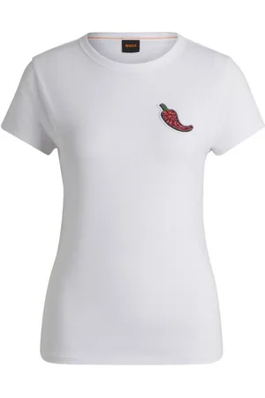 HUGO BOSS T-Shirt C_Endora mit Raffungen, glitzerndes Badge