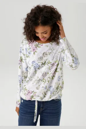 Aniston Langarmshirt mit silberfarbenen Schriftzug verzierter Rosendruck - NEUE KOLLEKTION