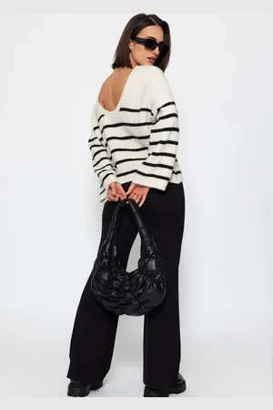 SASSYCLASSY Strickpullover Rückenfrei Strickpullover mit Streifenmuster Cut-Out gestreiften Damen Pullover mit tiefem Rückenausschnitt - Verkäufer: