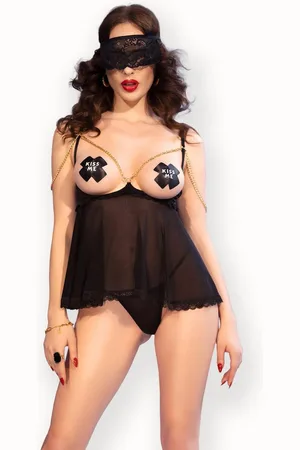 Chilirose Set: Bügel-BH Offenes Negligee in mit Kettchen + Pasties - Verkäufer: Andalous Dessous