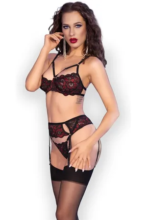 Chilirose Set: Bügel-BH Strapse-Set in -rot mit Strümpfen - Verkäufer: Andalous Dessous