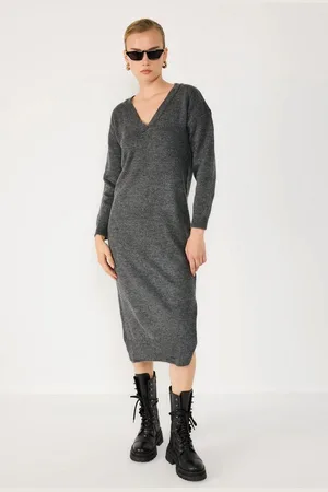 No Matter What Apparel Maxikleid V-Ausschnitt Langarm Strick Midi Kleid - Verkäufer: MegaMerchant