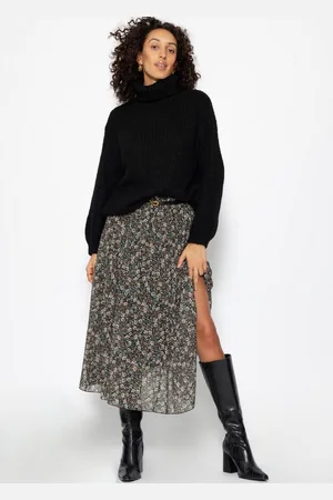SASSYCLASSY Midirock A-Linie Faltenrock Damen lang aus Chiffon Elegant Fließender Rock mit Raffungen im Blumen Punkte-Print Schwarz Burgundy - Verkäufer: