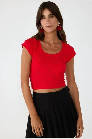 No Matter What Apparel Crop-Top Rotes Spitzen Kurzarm Crop Top - Verkäufer: MegaMerchant