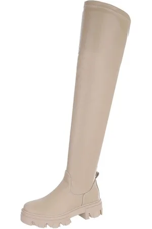 Ital-Design Damen Freizeit Plateaustiefel (87124829) Blockabsatz Overknees in Beige - Verkäufer: