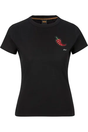 HUGO BOSS T-Shirt C_Endora mit Raffungen, glitzerndes Badge
