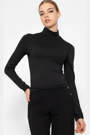 SASSYCLASSY Langarmshirt Langarmshirt Damen mit Rollkragen Elegant Figurbetontes Rundhalsausschnitt Shirt Braun Weiß Grau - Verkäufer: