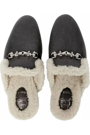 Christian Louboutin Woolito Swing Pantoletten Loafers Schuhe Slipper Luxuriöses Lammfell, Cracked-Effect Nappa, Silberfarbene Metallkette - Verkäufer: eldigo