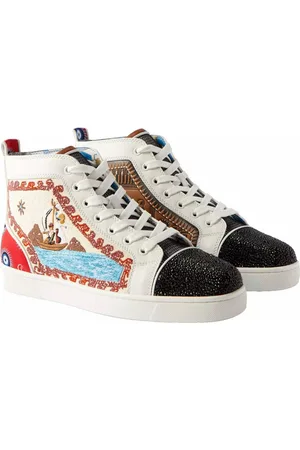 Christian Louboutin Bestickte No Limit Greek Boat Leder Boots Sneaker bestickte Bootsszene, Böse-Auge-Druck, Rote Gummisohle - Verkäufer: eldigo